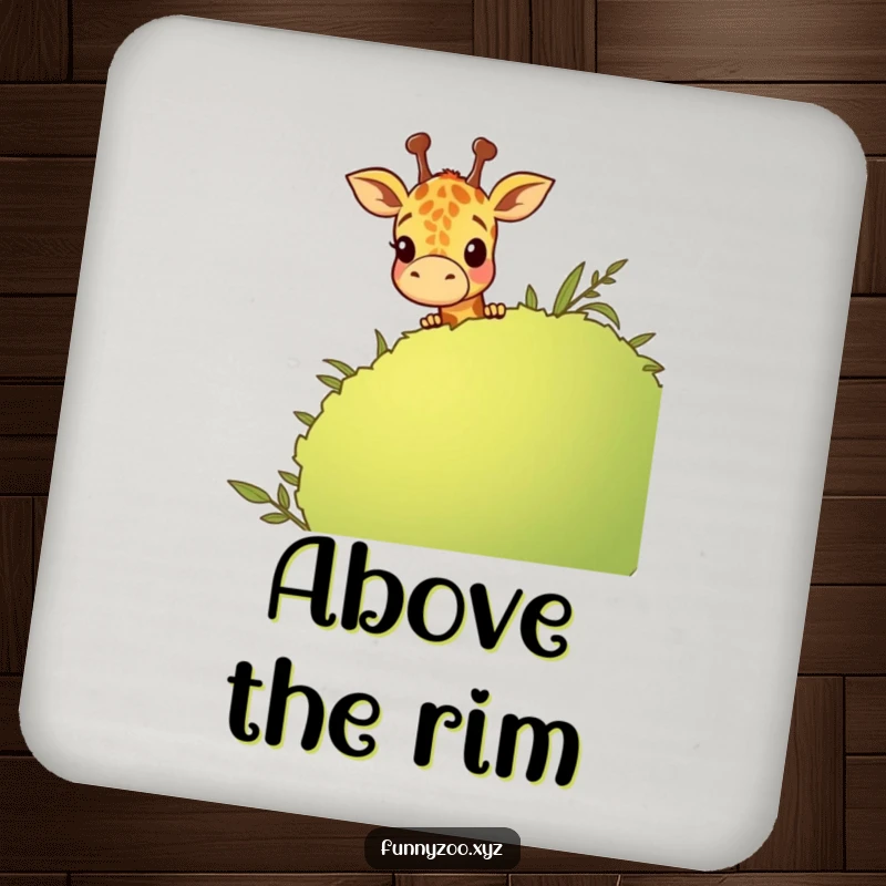 Funny cartoon giraffe peeking over a bush, a humorous and protective drink coaster for tables.