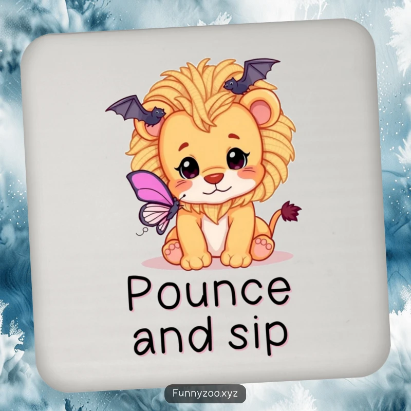 Funny drink coaster featuring a playful lion cub with a yarn mane, batting at a butterfly.