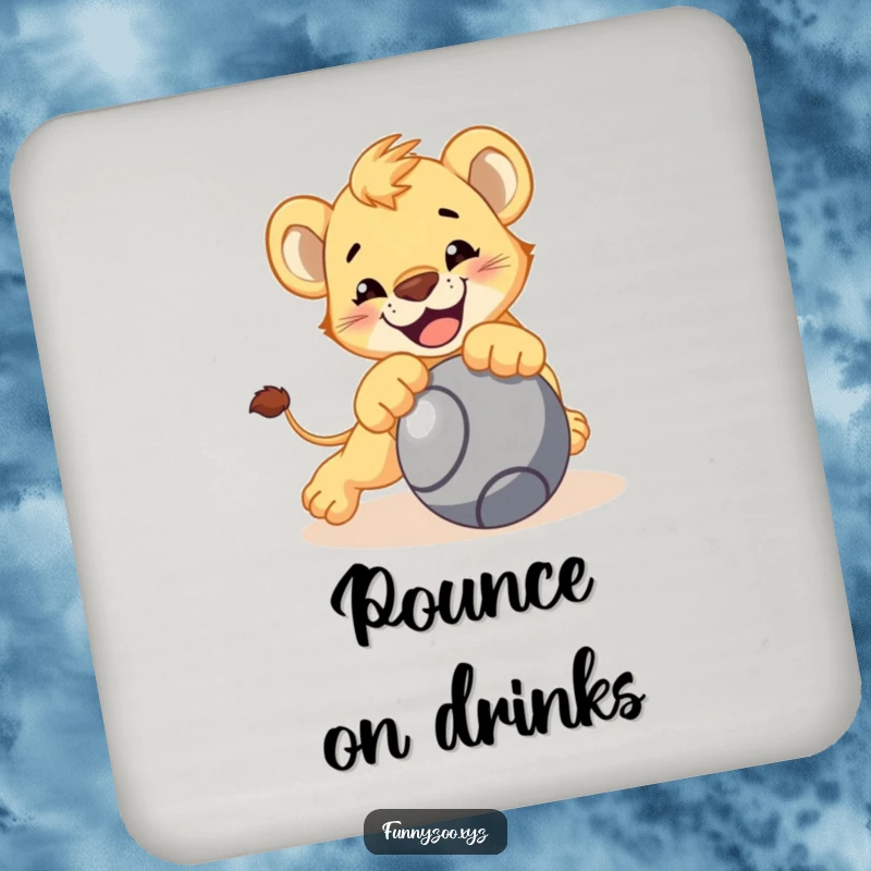 Funny lion cub coaster, character playfully pouncing on a rolling ball, protects surfaces, bold home decor, unique funny gift.