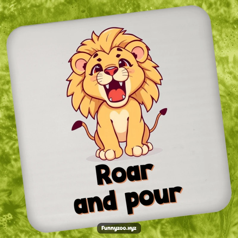 Funny lion cub drink coaster featuring a determined young lion cub cub practicing its majestic roar, for fierce surface protection.