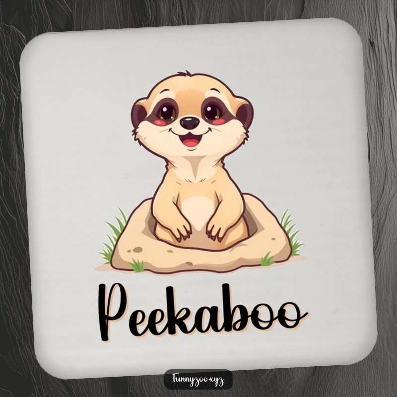 Funny Drink Coaster with a happy meerkat popping out of its burrow, offering surface protection with humorous and cheerful animal artwork.