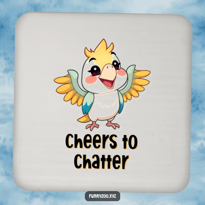 Funny parrot coaster, character squawking with a wide grin, protects surfaces, mischievous home decor, unique funny gift.
