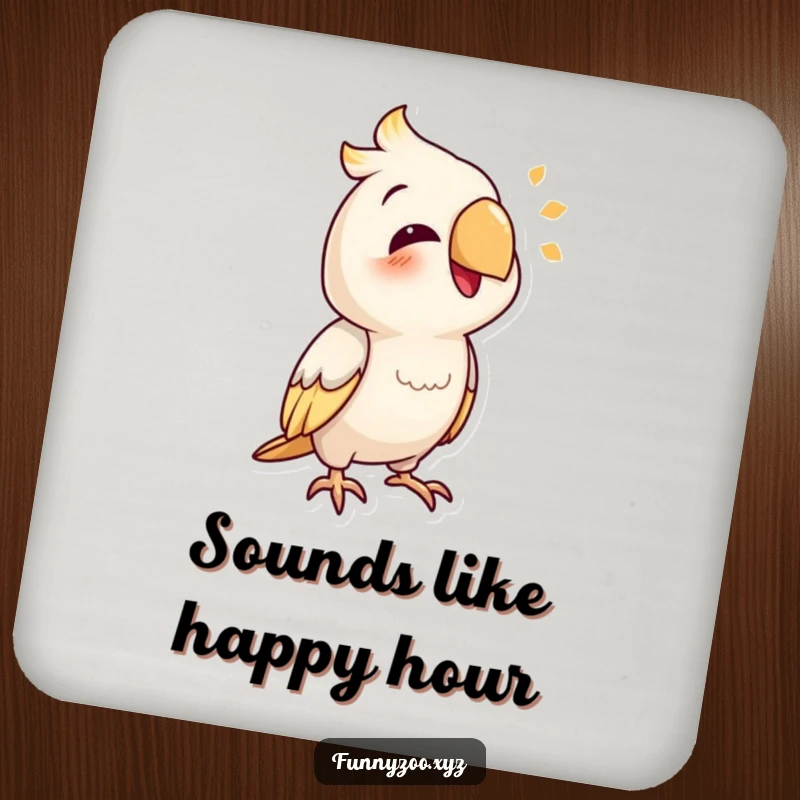Funny parrot coaster depicting a smiling bird character mimicking a funny sound.
