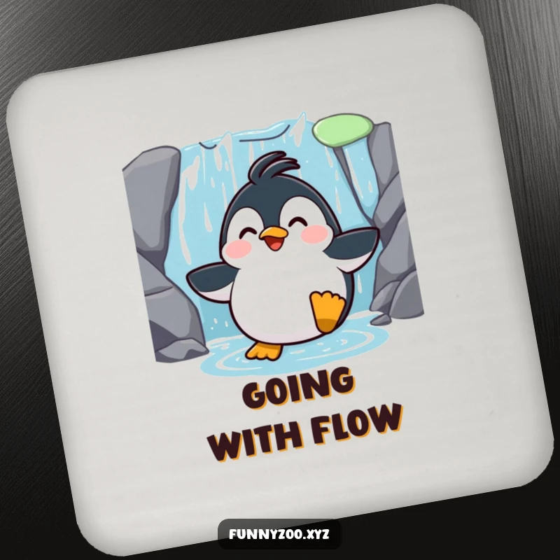 Funny Penguin Waterfall Slide Coaster: A coaster featuring a surprised penguin sliding down a waterfall, protecting surfaces with a humorous design.
