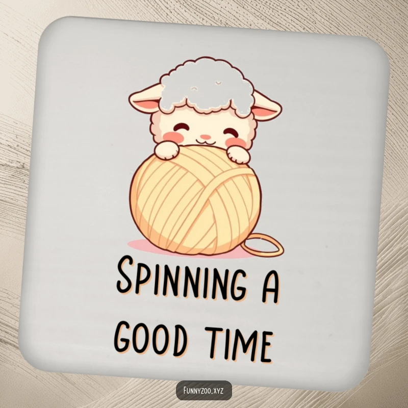 Funny Coaster: Cute fluffy sheep headbutting a giant yarn ball, protecting surfaces with humorous craft charm.