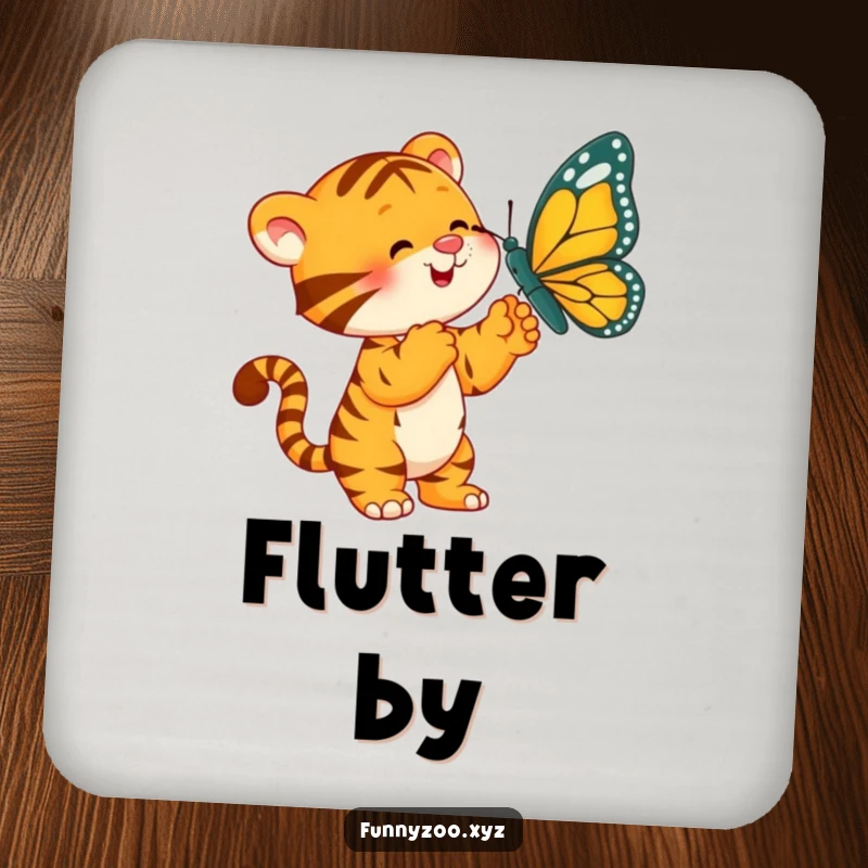 Funny Tiger Coasters: A playful tiger batting at a large butterfly, protecting surfaces.