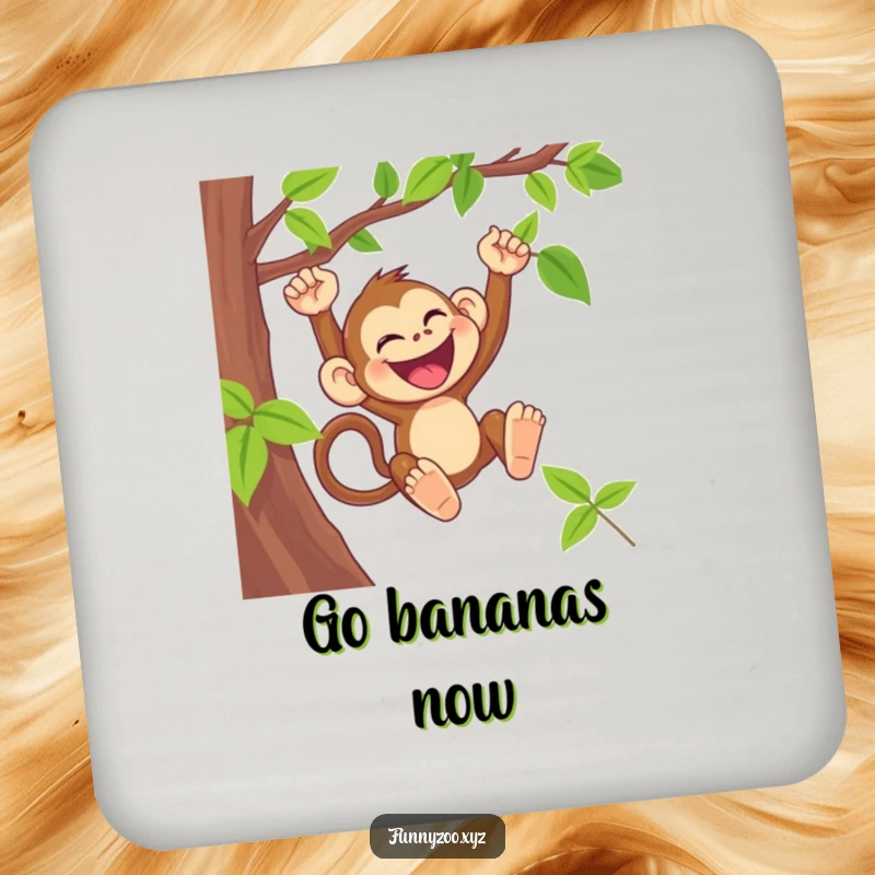 Funny monkey coasters with a laughing primate swinging from a vine, protecting surfaces.