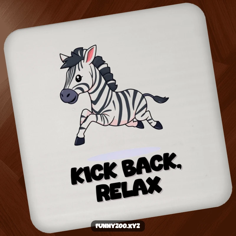 Funny drink coaster featuring a playful zebra character galloping with legs kicking, offering surface protection with a spirited twist.