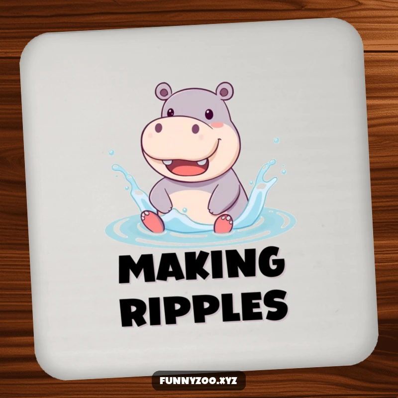Funny Drink Coaster with a jolly hippo character splashing enthusiastically in water, offering surface protection with humorous and cheerful aquatic art.
