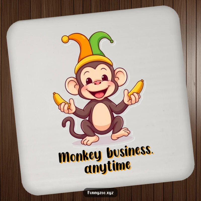 Funny Monkey Jester Drink Coaster a comical monkey juggles bananas in a jester hat, protecting your tables with humor and a playful vibe.