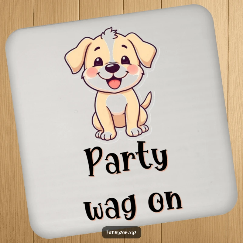 Funny puppy coaster, character excitedly wagging its tail, protects surfaces, happy home decor, unique funny gift.