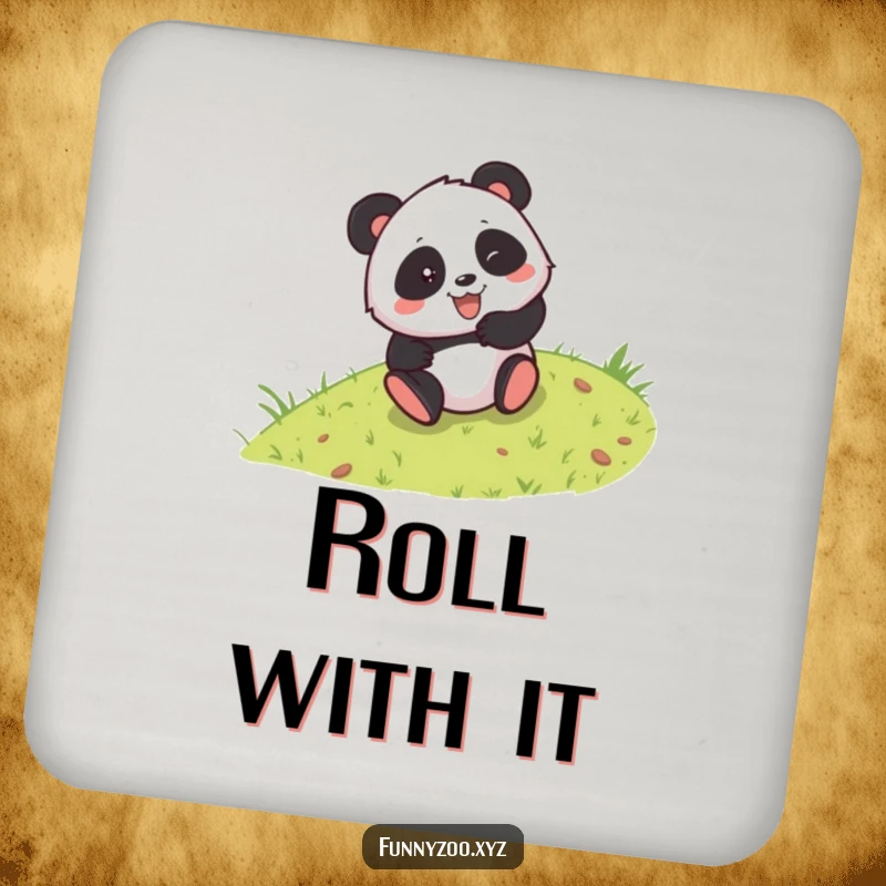 Funny drink coaster featuring a mischievous panda character rolling down a grassy hill, offering protection with a side of humor.