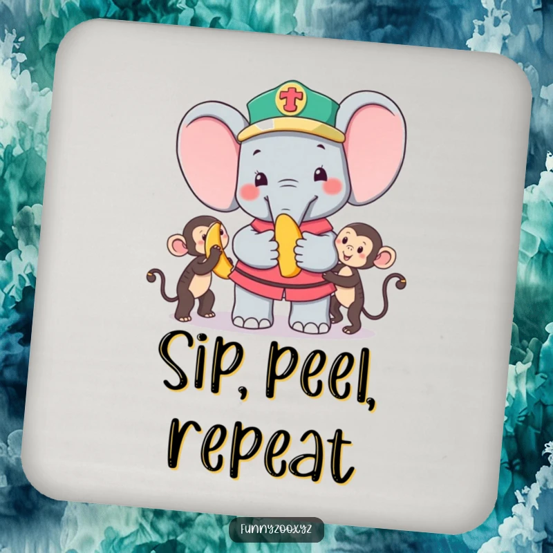 Funny Coaster: Adorable elephant zookeeper handing a banana to a monkey, protecting surfaces with humor.