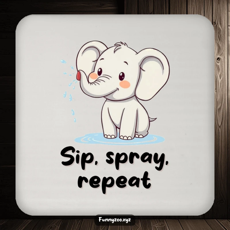 Funny elephant drink coaster featuring a happy elephant character spraying water, protecting surfaces with humor and charm.