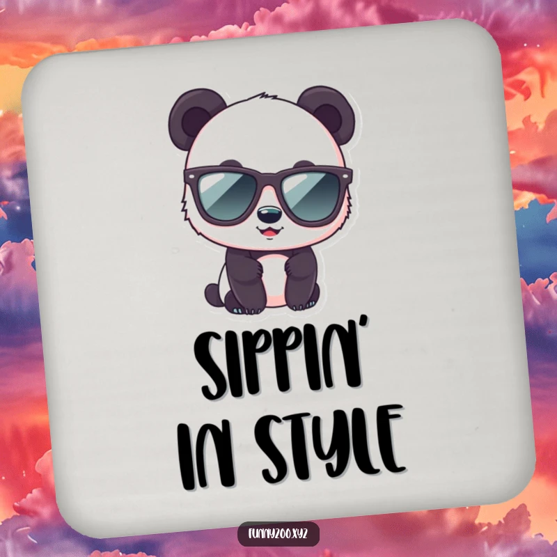 Funny panda coaster depicting a cute bear character wearing oversized sunglasses.
