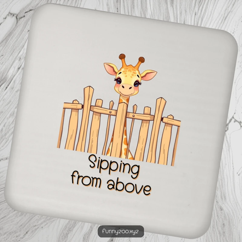 Funny coaster with a happy giraffe peeking over a fence, providing whimsical protection for tables.