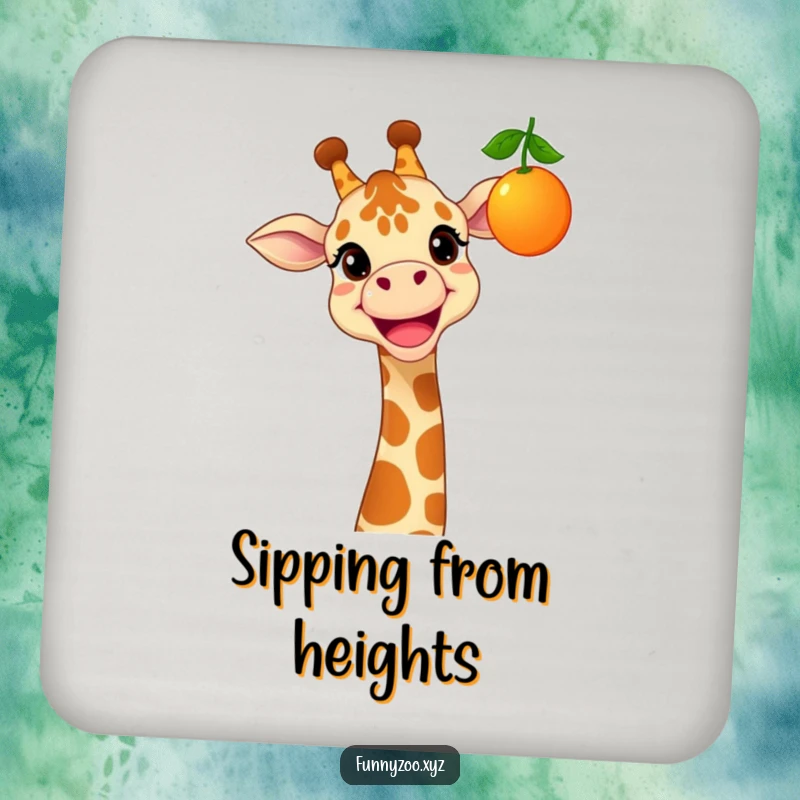 Funny drink coaster featuring a cheerful giraffe with a wide grin, reaching for a dangling, colorful fruit.