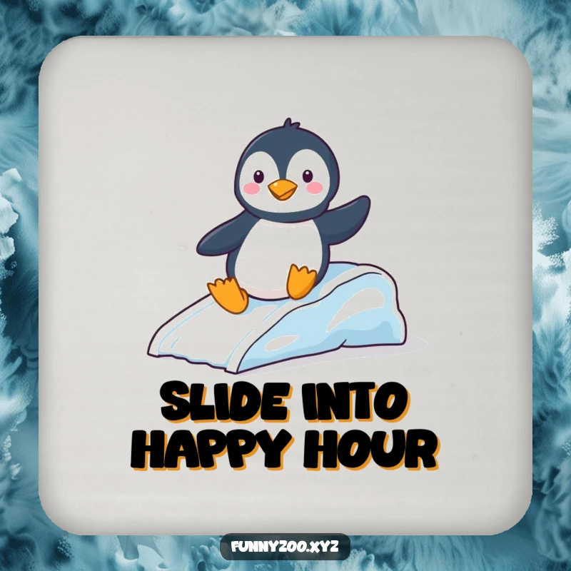 Funny Coaster: Cute penguin sliding down an ice slide, protecting surfaces with humorous winter charm.
