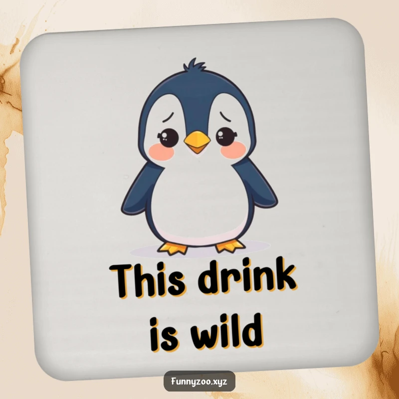 Funny coaster with a penguin waddling with a confused expression, offering charming and humorous table protection.