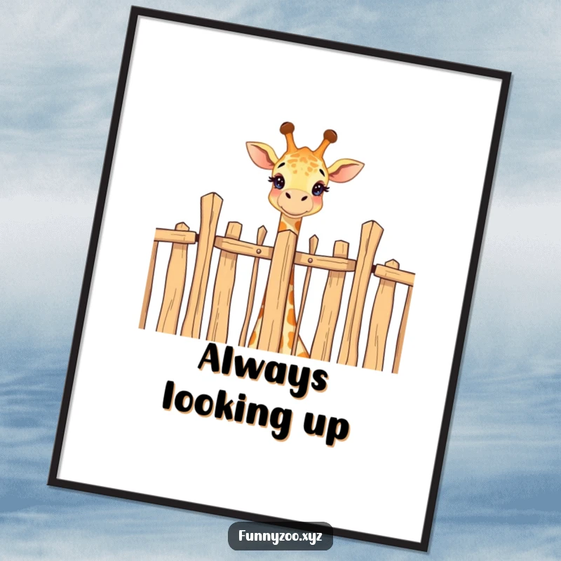 Funny poster art of a happy giraffe's head extending over a tall fence, creating a scene of cheerful curiosity.