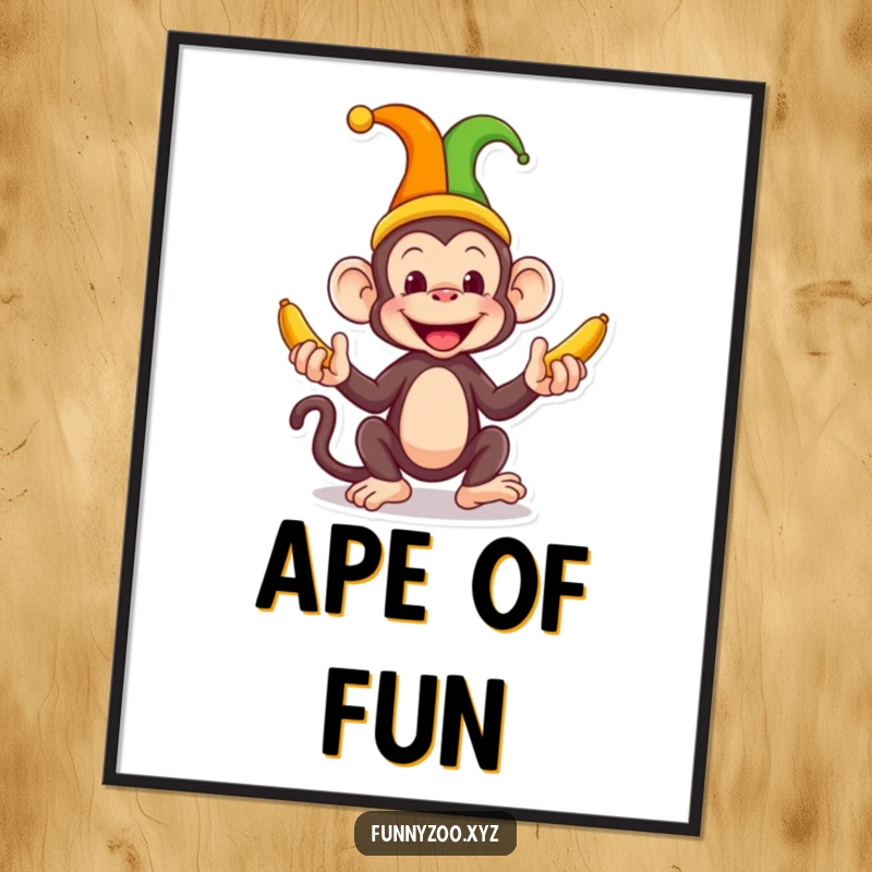 Funny Monkey Jester Poster a silly monkey wearing a jester hat juggles bright bananas, adding a humorous and whimsical artistic touch to any wall.
