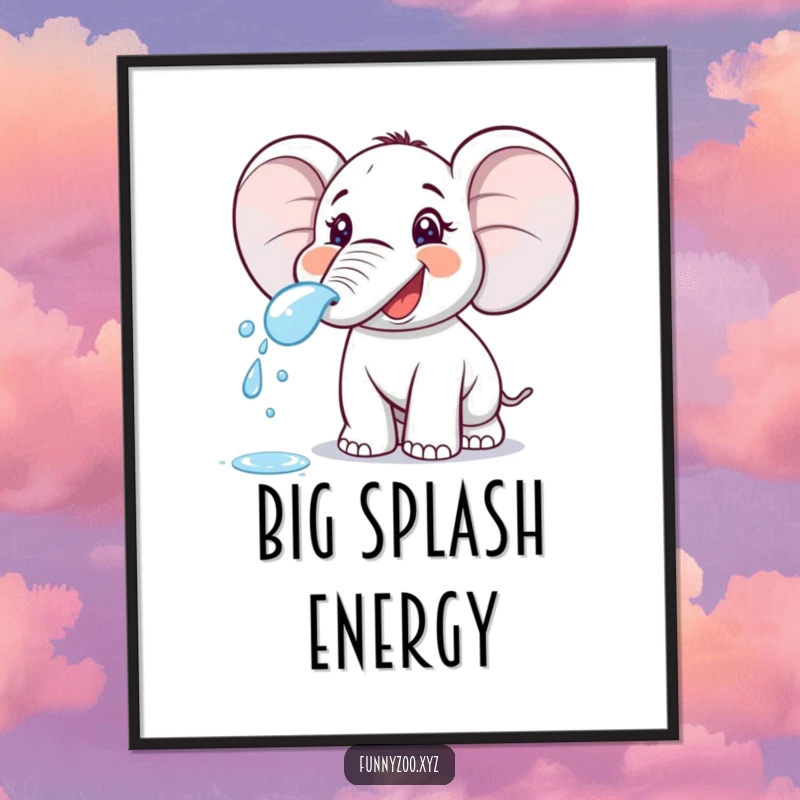 Funny cartoon elephant joyfully spraying water from its trunk, depicted dynamically on this vibrant poster. Adds playful energy.