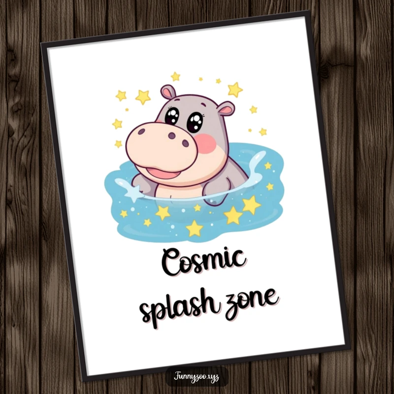 Funny hippo poster, big eyes wide with joy, giggling while splashing in a cosmic pool of stars, creating a sense of magical wonder.