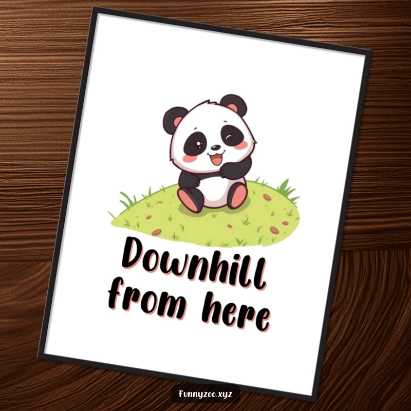 Funny poster illustration of a mischievous panda character in mid-roll down a vibrant green grassy hill, radiating pure, unadulterated fun.