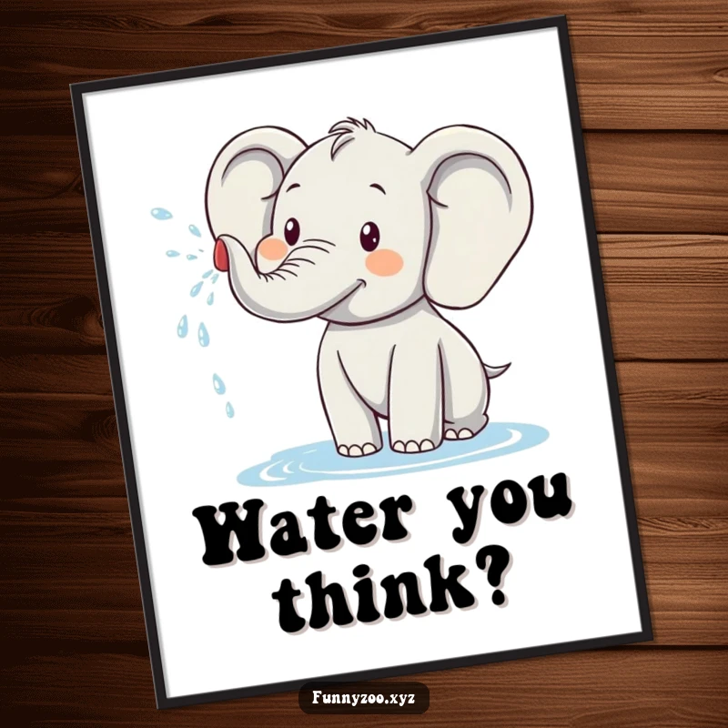 Funny elephant poster print of a happy elephant character enthusiastically spraying water, adding a cheerful and humorous vibe to any room.