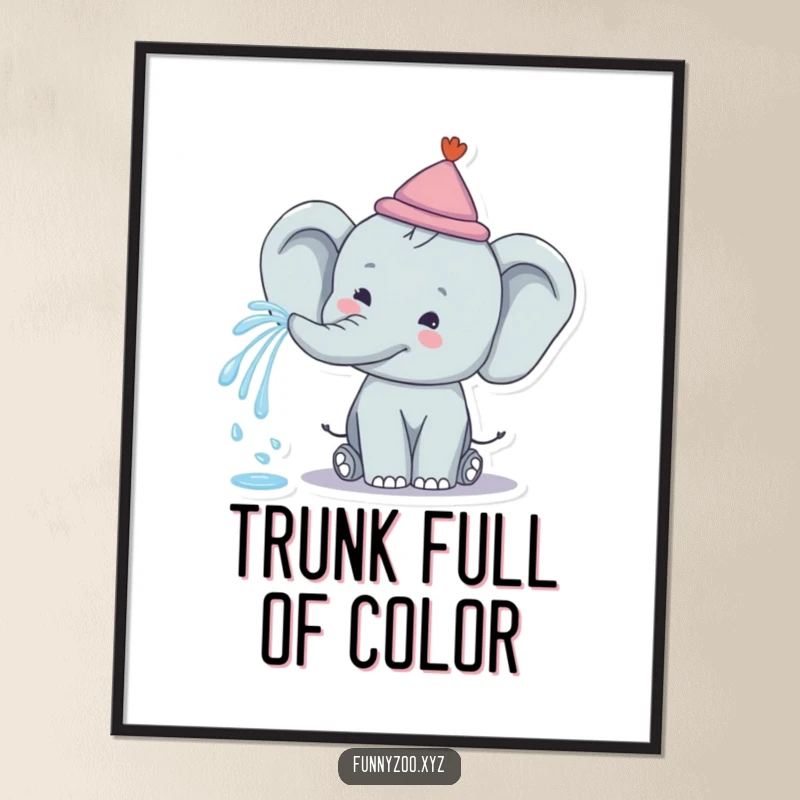 Funny Elephant Rainbow Spray Poster: An artistic print of a happy elephant spraying a rainbow from its trunk, bringing joy to decor.