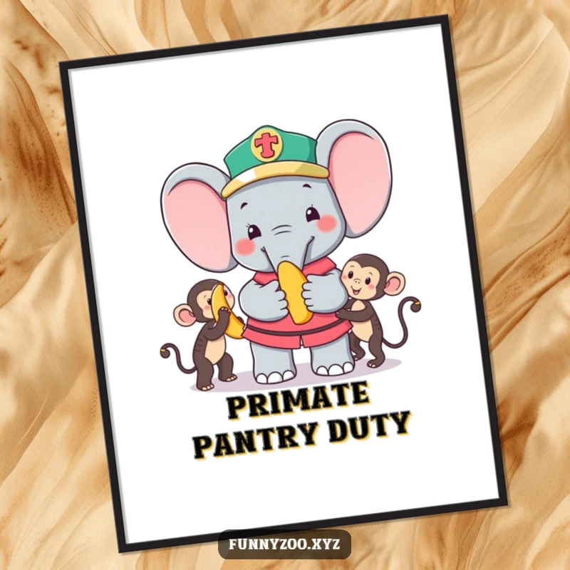 Funny Poster: Adorable elephant zookeeper presenting a banana to an eager monkey, a delightful and humorous zoo illustration.