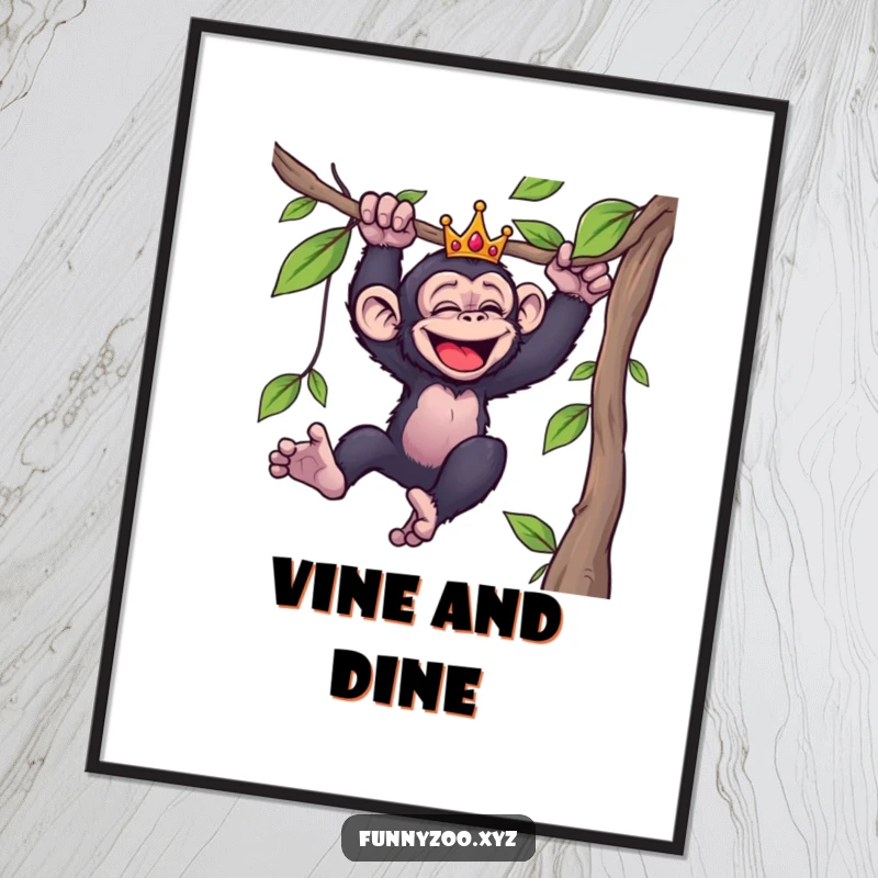 Funny poster print of a giggling chimpanzee wearing a miniature crown, swinging dynamically from a vine, full of playful energy.