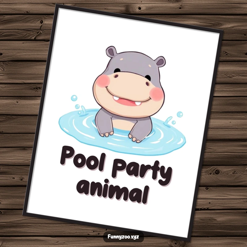Funny Hippo Poster: A happy hippo with a huge smile splashes in a small pool, creating a funny, joyful scene.