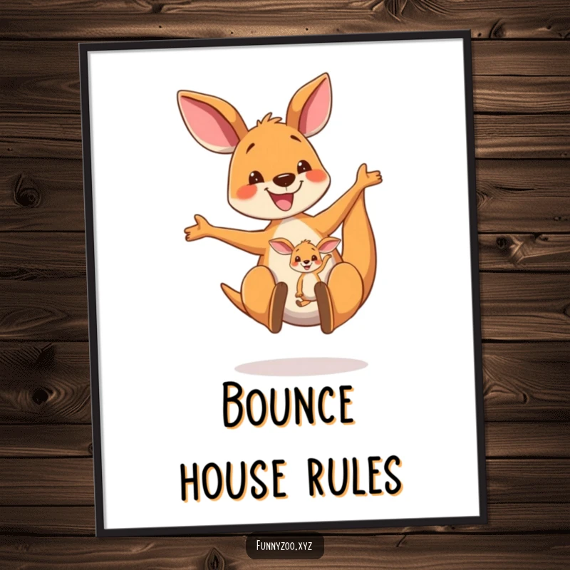 Funny Kangaroo Poster: A vibrant illustration of a happy kangaroo mom bouncing high with her precious joey in her pouch, spreading pure joy.