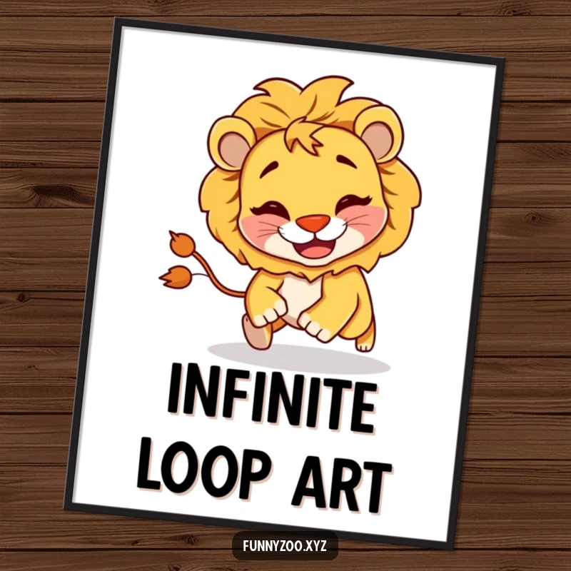 Funny Lion Chasing Tail Poster: An artistic print of a mischievous lion with a goofy grin chasing its tail, bringing humor to decor.
