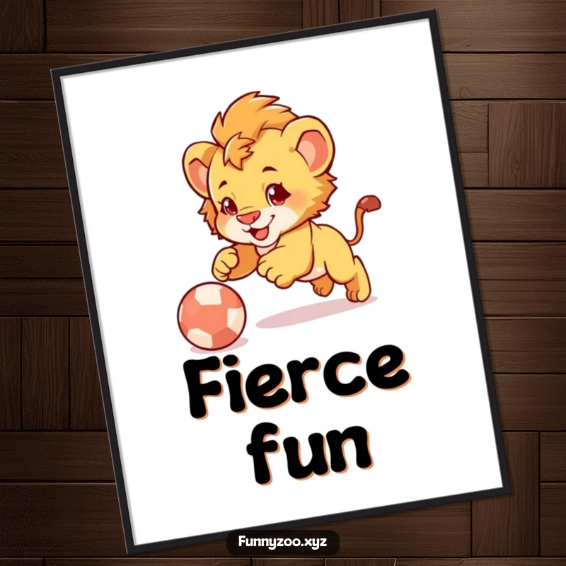 Funny Lion Cub Pounce Poster: Artwork of a cute lion cub playfully leaping mid-air onto a colorful bouncing ball.