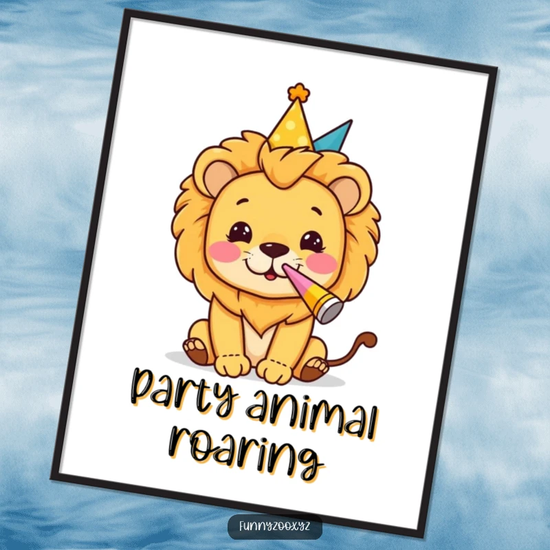 Funny poster of a lion character in a party hat blowing a party horn, a vibrant and celebratory piece of art.