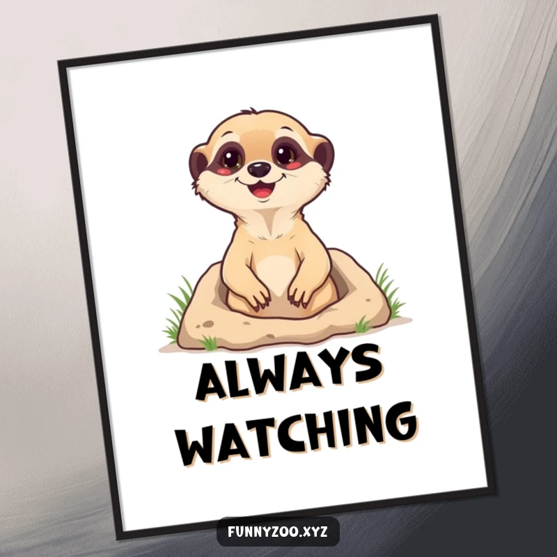 Funny Poster showcasing a happy meerkat popping out of its burrow, an uplifting and humorous animal character artwork for home decoration.