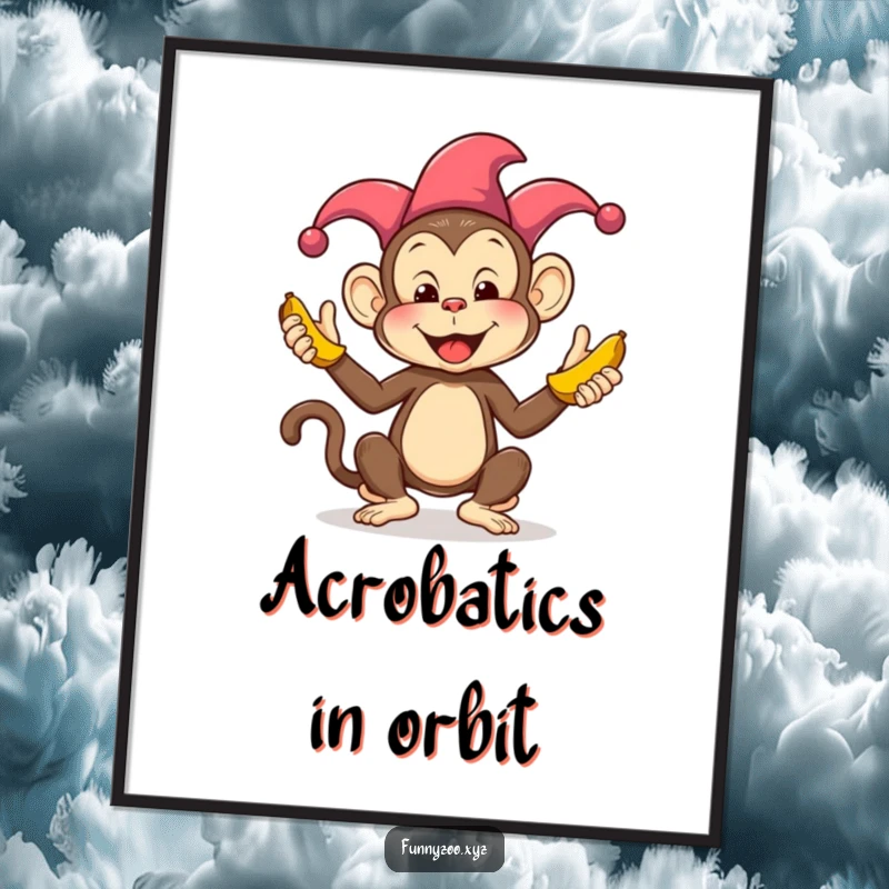 Funny Monkey Juggling Bananas Poster: A lively illustration of a jester monkey skillfully juggling colorful bananas, bringing humor to any wall.