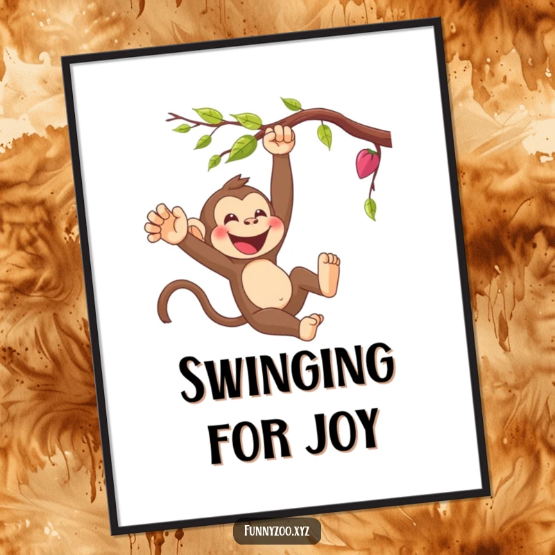 Funny cartoon monkey swinging between vines, depicted dynamically on this vibrant poster. Adds a splash of humor to any room.
