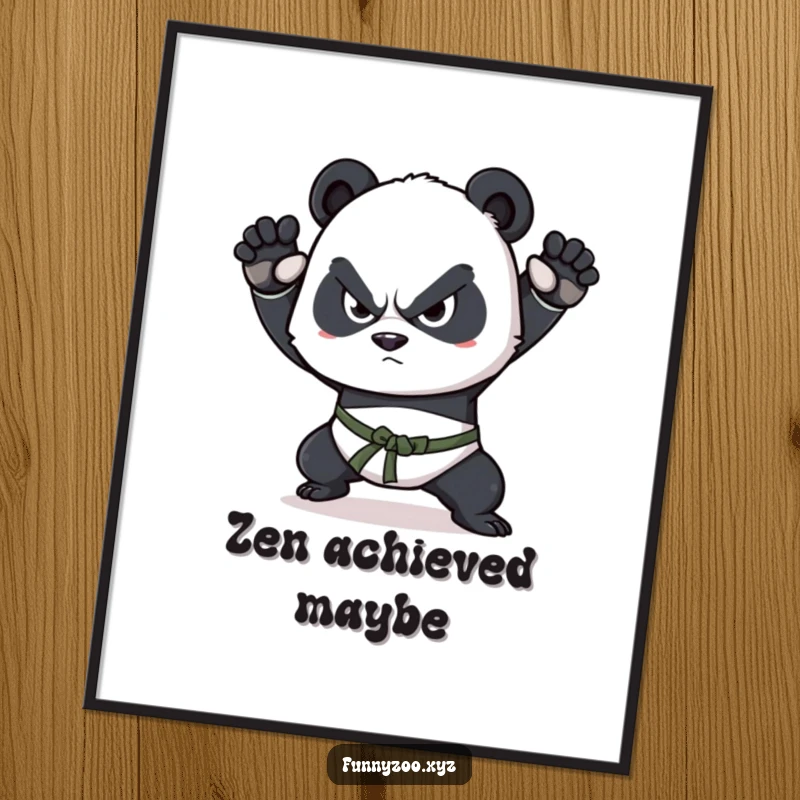 Funny panda poster, determined squint, practicing martial arts poses, conveying focus, discipline, and a touch of playful humor.