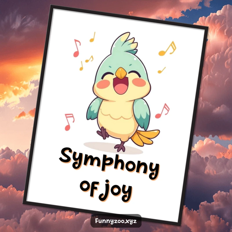 Funny Parrot Poster: A happy parrot squawking with joy, surrounded by musical notes.