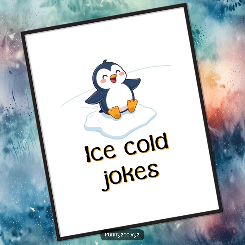 Funny cartoon penguin gleefully sliding down an icy slope, depicted dynamically on this vibrant poster. Adds winter cheer.