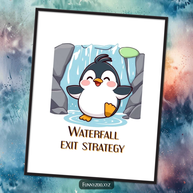 Funny Penguin Waterfall Slide Poster: An artistic depiction of a surprised penguin gleefully sliding down a waterfall, bringing humor to decor.