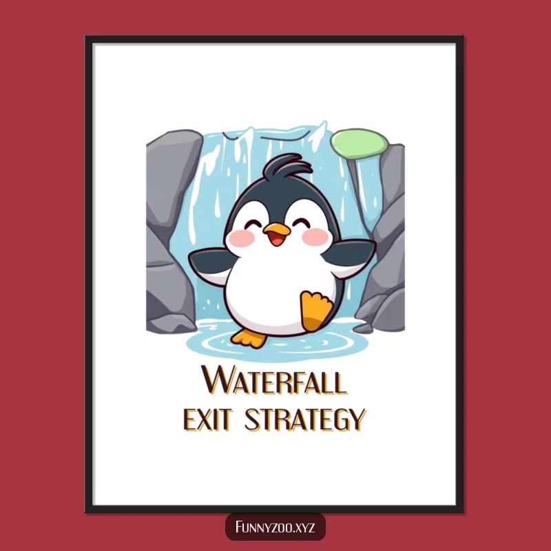Funny Penguin Waterfall Slide Poster: Whimsical Art for Humorous Gifts