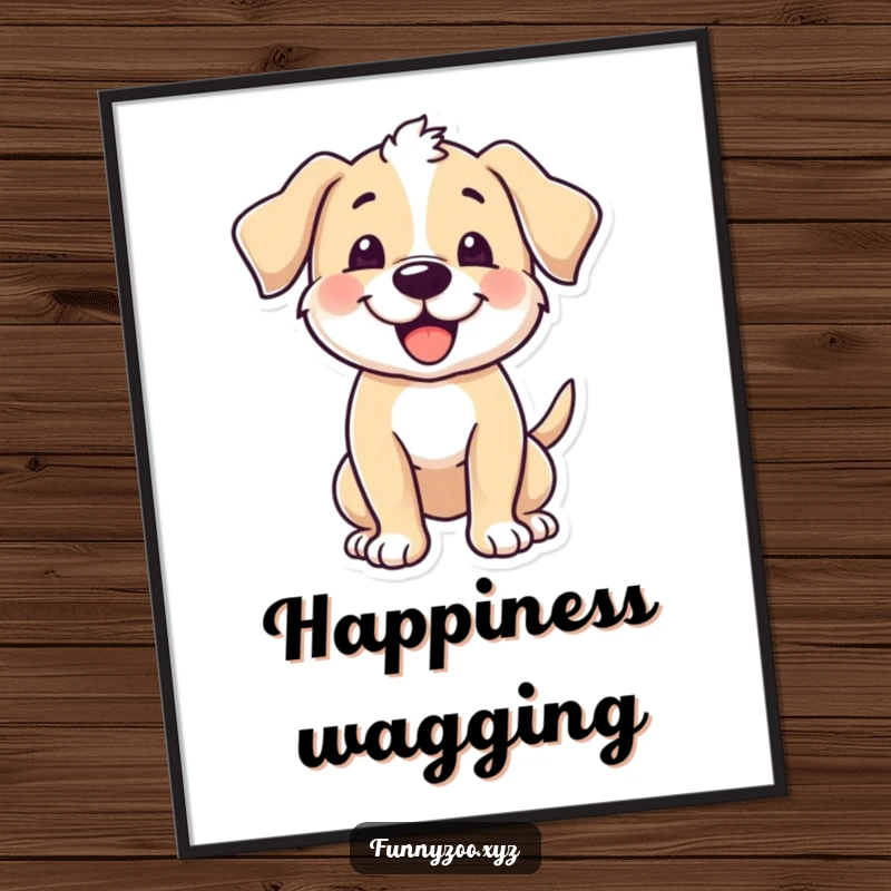 Funny puppy poster, character excitedly wagging its tail, happy wall art, joyful and cute, great funny gift.