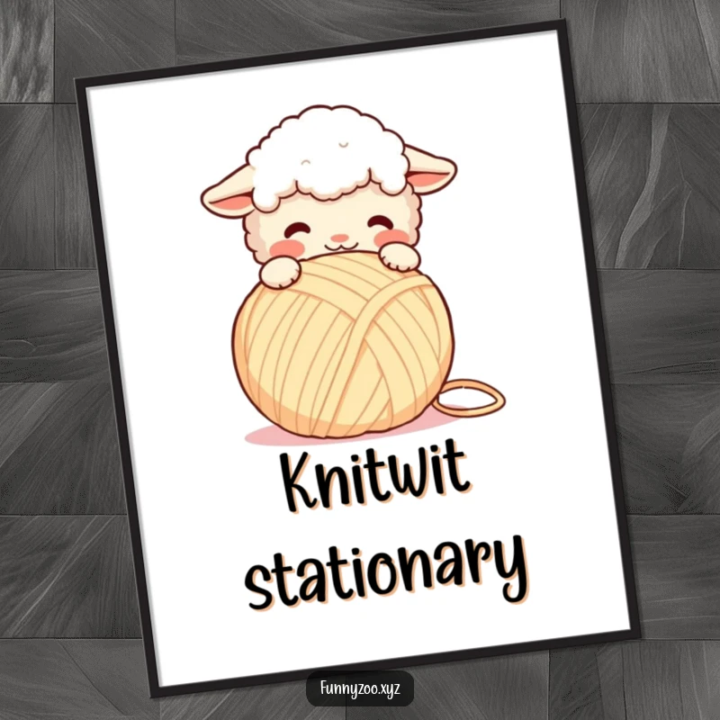 Funny Poster: Adorable fluffy sheep playfully headbutting a giant yarn ball, a delightful and humorous craft-themed illustration.