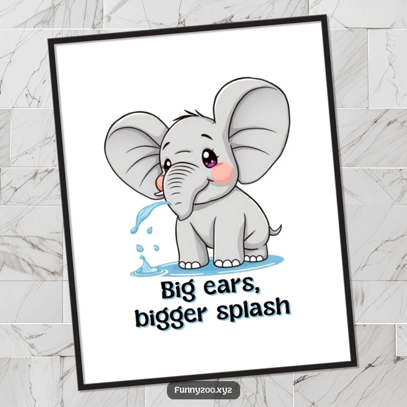 Funny poster of a surprised elephant with extremely large ears, playfully spraying water, creating a cheerful and amusing scene.