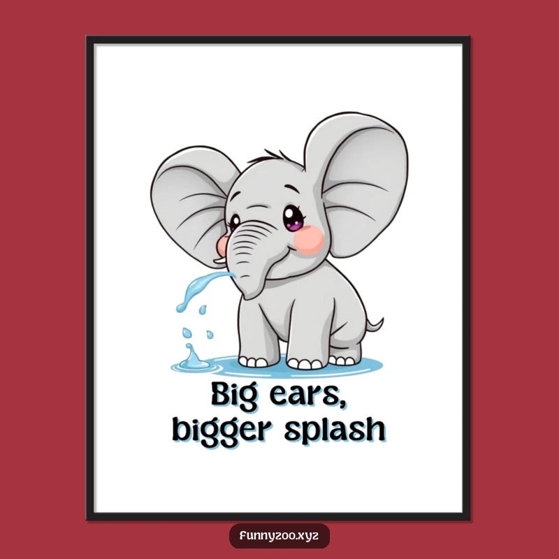 Funny Surprised Elephant Poster: Splashy Art with Big Ears and Playful Water Fun