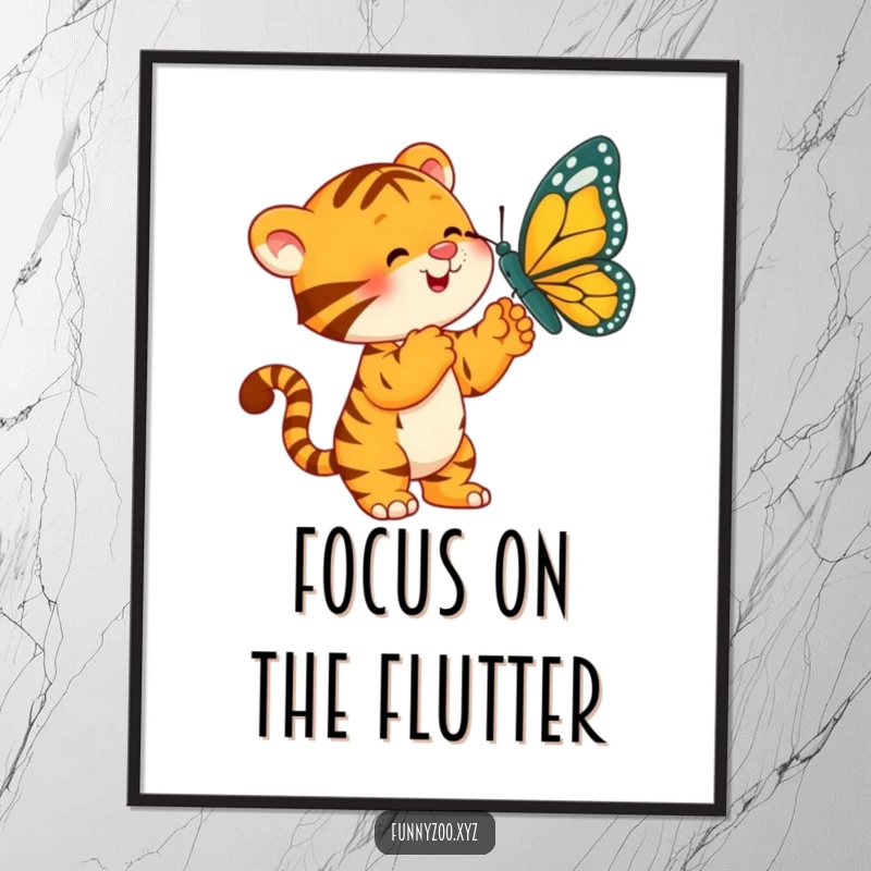 Funny Tiger Poster: A playful tiger is shown batting at a large, dangling butterfly.